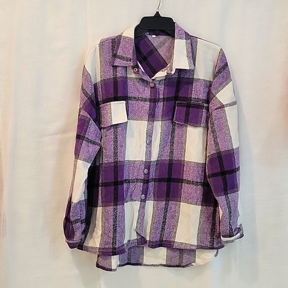 Tops - Women's Long Sleeve Button Down Drop Shoulder Plaid Flannel Shirt
